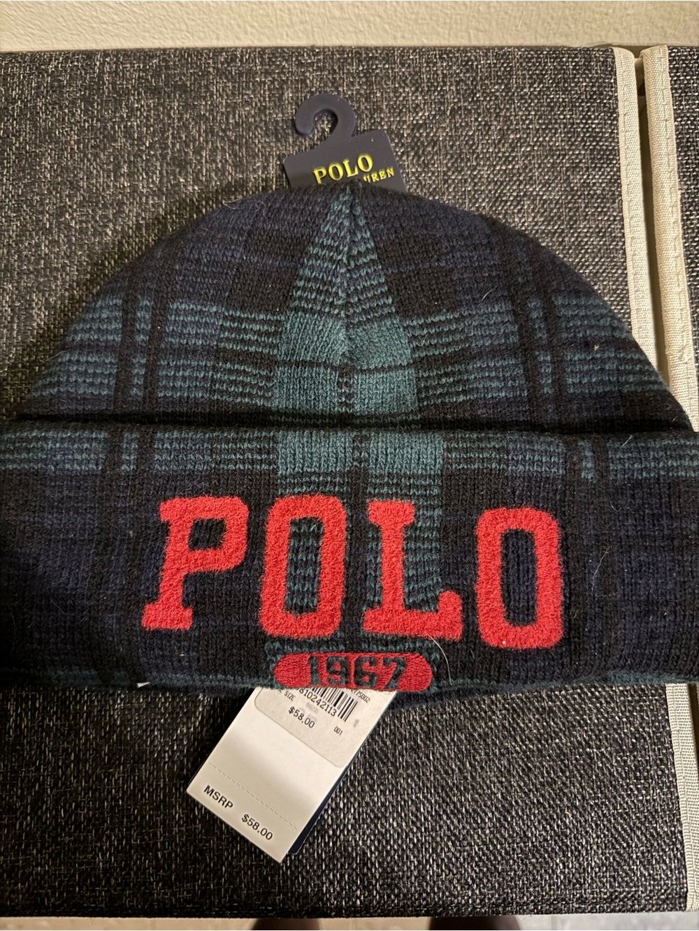 Polo by Ralph Lauren Navy & Green Plaid Cuffed Beanie with Red POLO Logo